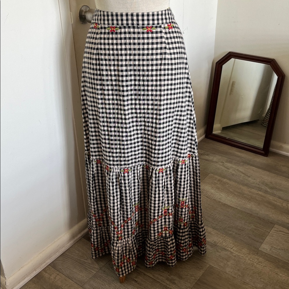 NATURAL LIFE Skirt Gingham Tiered Maxi Skirt Black White Embroidered Size M - Picture 3 of 13